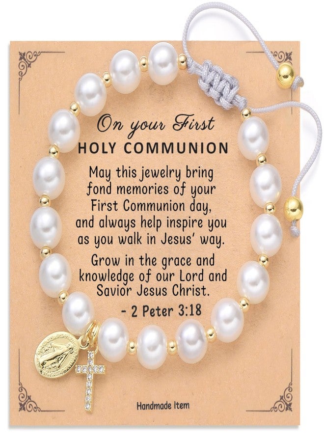 GINAZL First Communion Gifts, Virgin Mary Pearl Bracelet 14K Gold Plated Charm Bracelets for Women Rope Adjustable Tiny Cute Cross Bracelet First Holy Communion Gifts (FPB) - Image 1